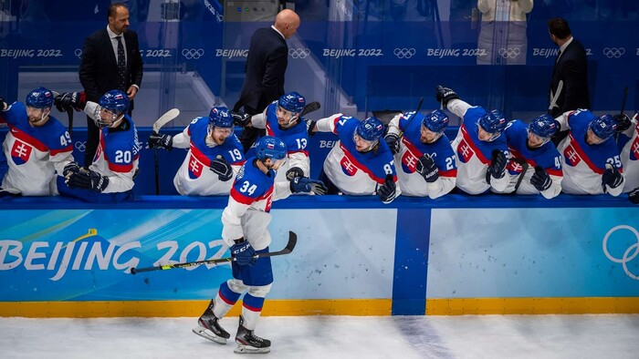 Slovenská hokejová striedačka na ZOH v Pekingu.