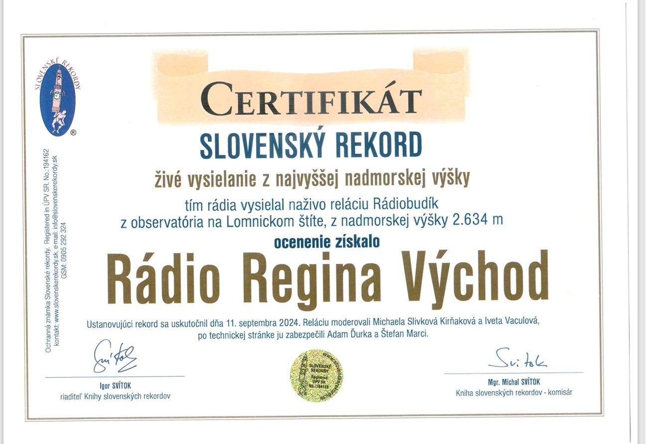 certifikat-radia-regina-vychod-o-rekorde